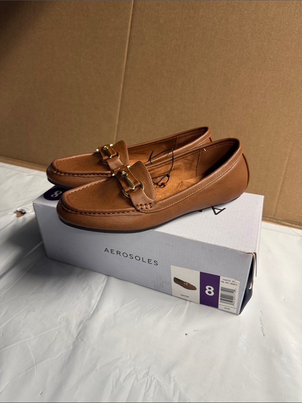 AEROSOLES Cognac Brown Leather Loafers with Gold Accent